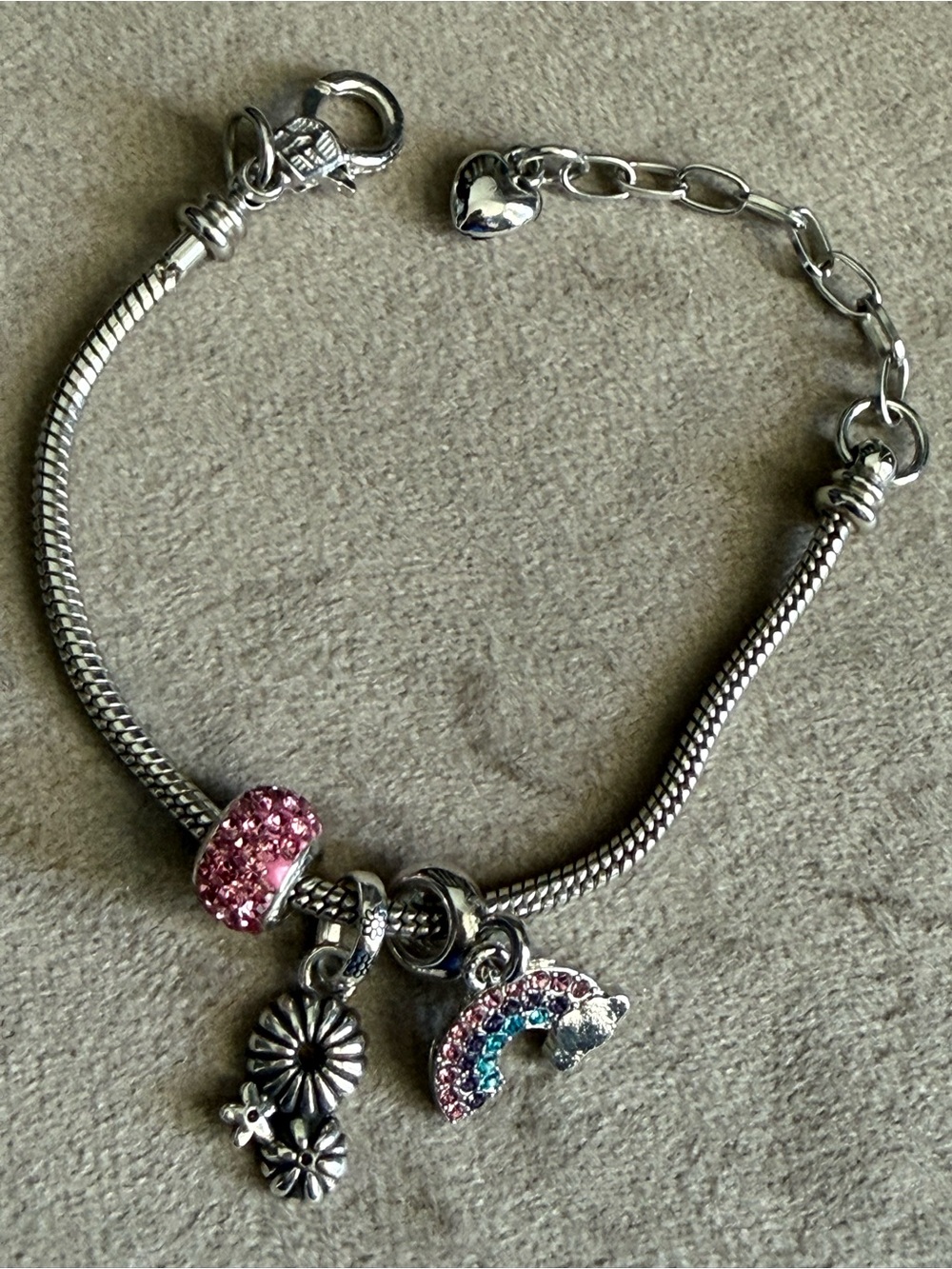 Silver Bracelet with Pink and Blue Crystal Rainbow & Floral Charms